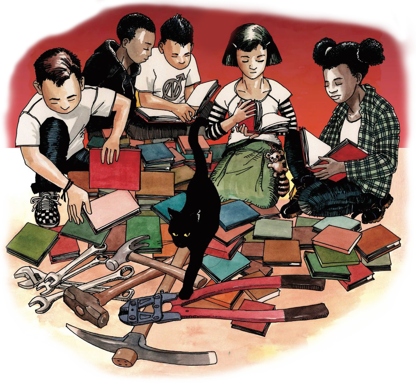 Five children, of different genders and ethnicities, sit around a pile of books and tools, reading together. A black cat walks definatly on top of the piled books. Illustration by Fernando Marti.